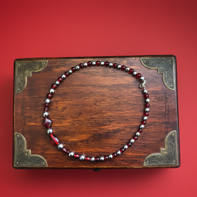 Red Glass and Hematite Beaded Necklace