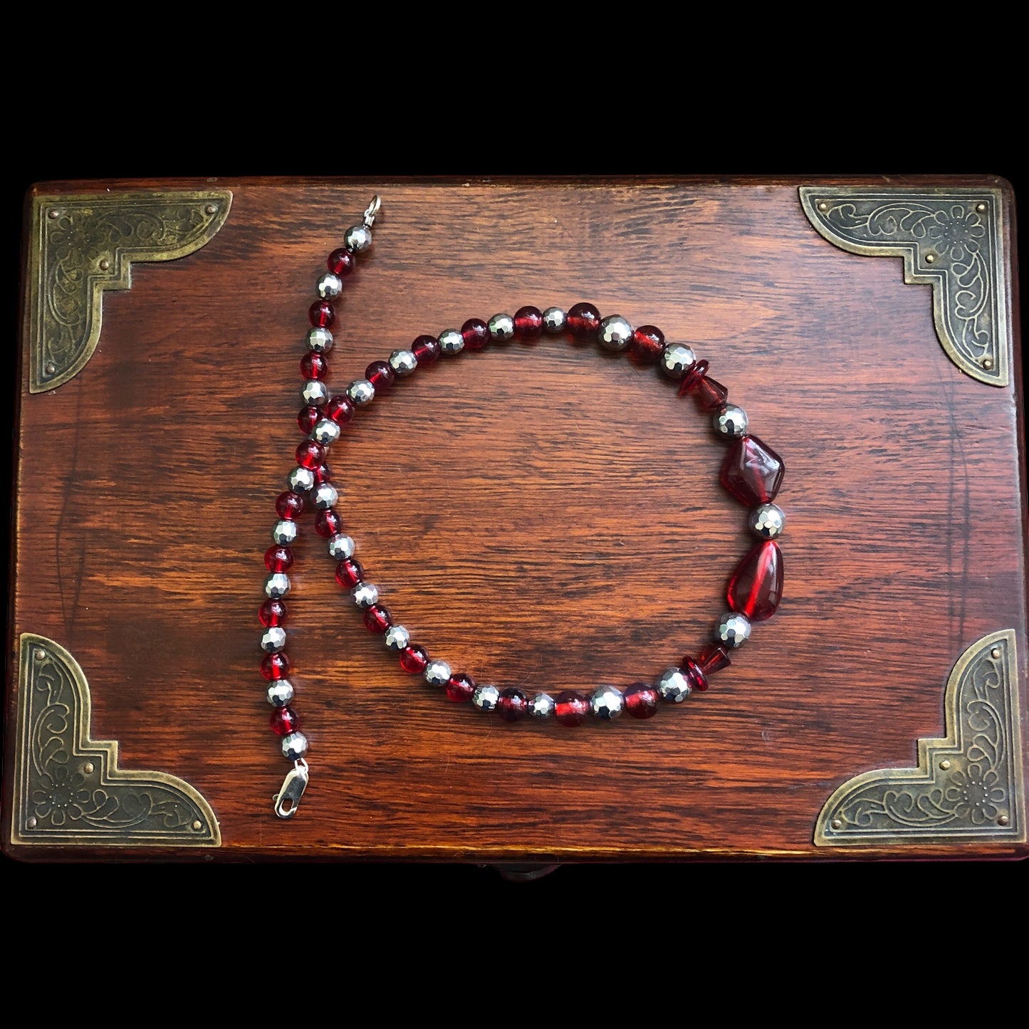 Red Glass and Hematite Beaded Necklace