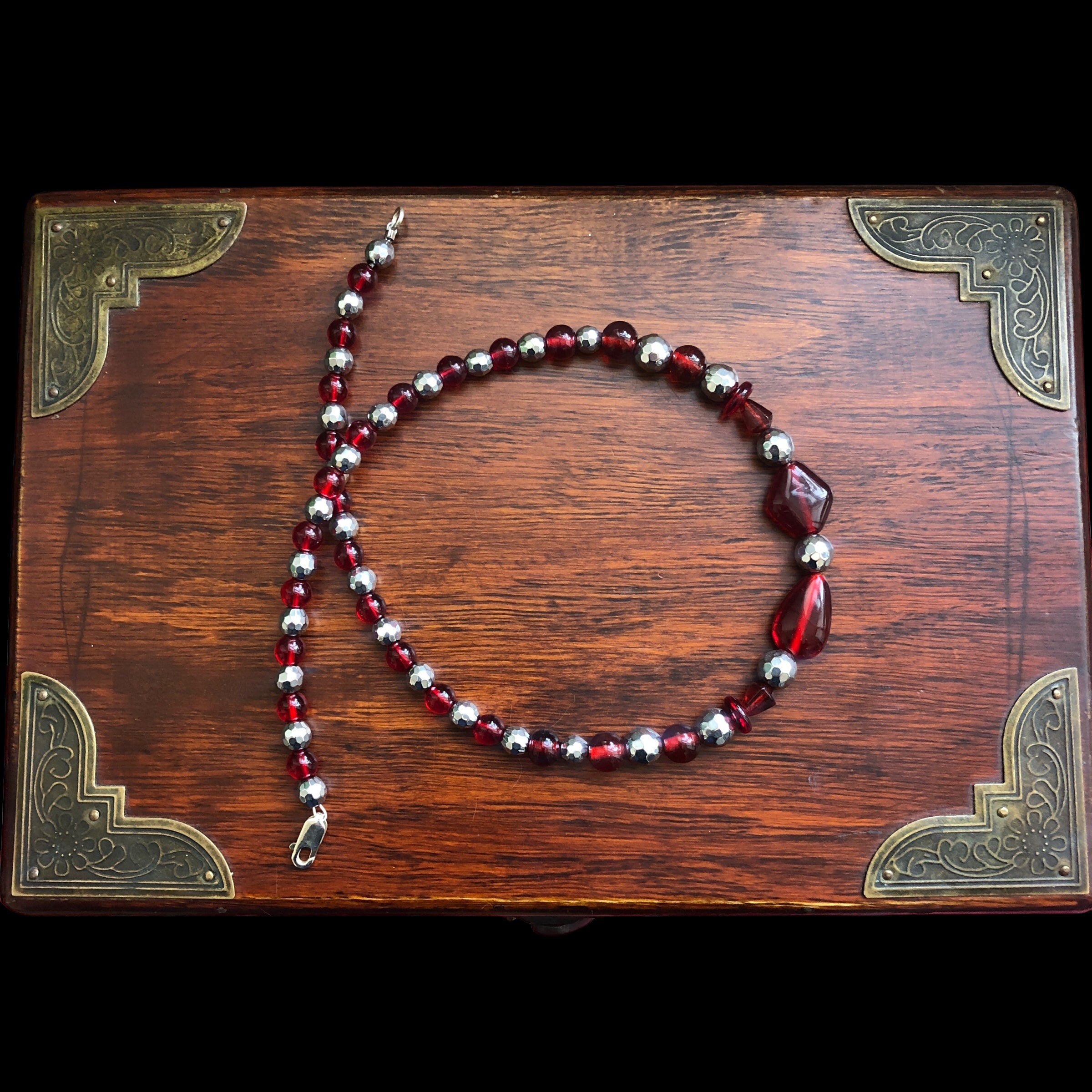 Red Glass and Hematite Beaded Necklace