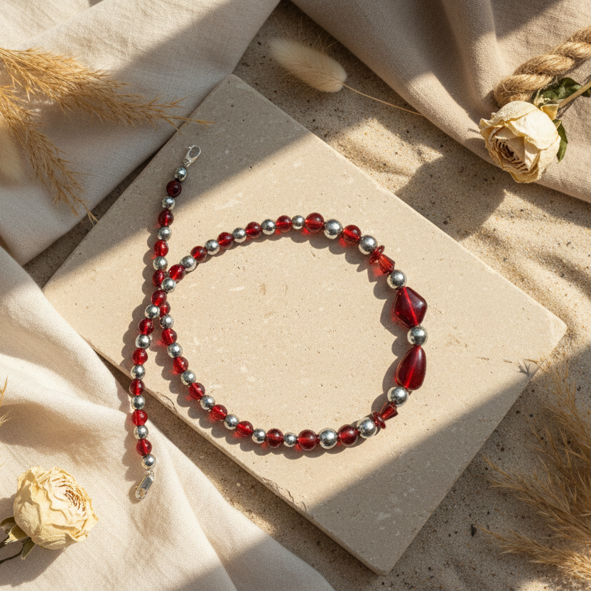 Red Glass and Hematite Beaded Necklace