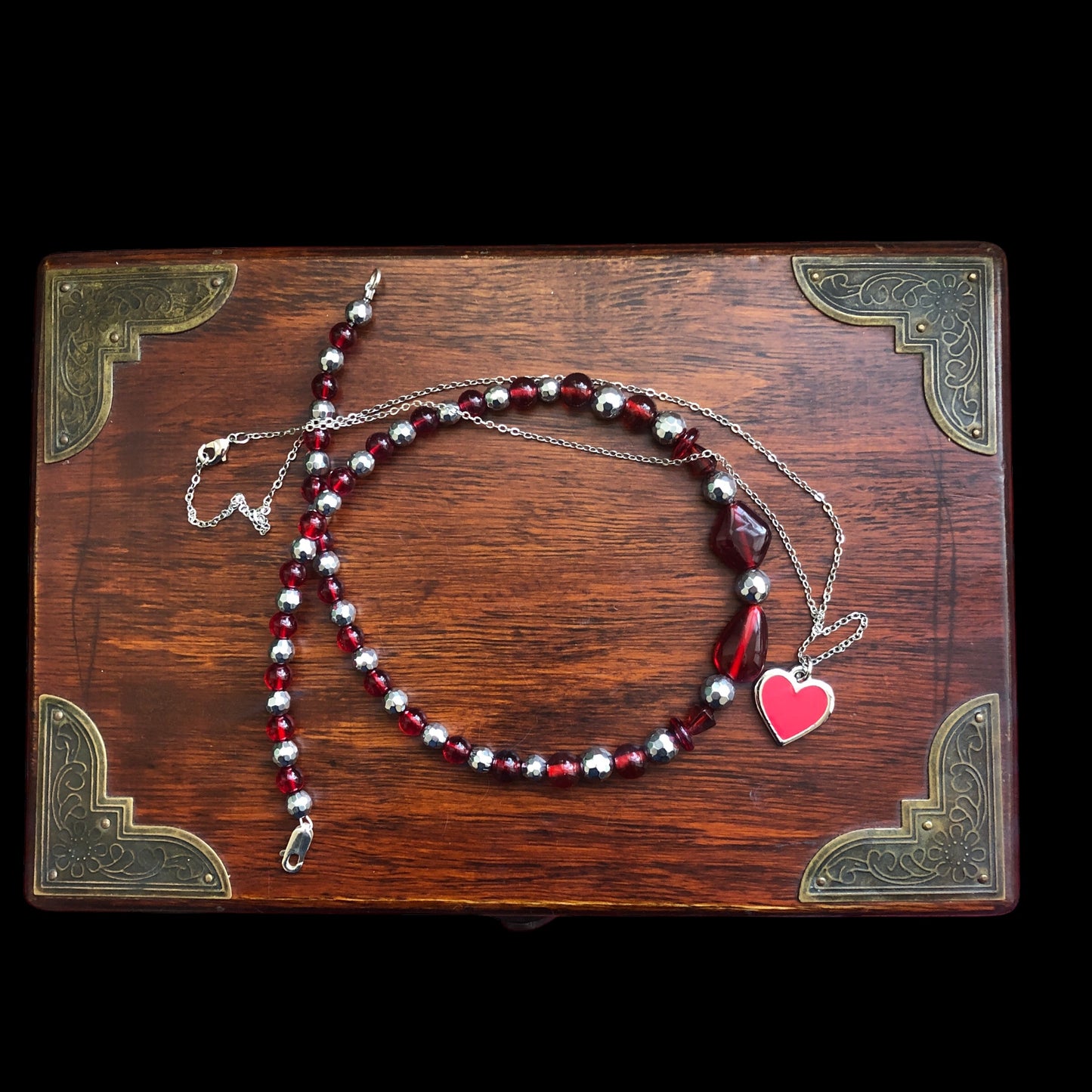 Red Glass and Hematite Beaded Necklace