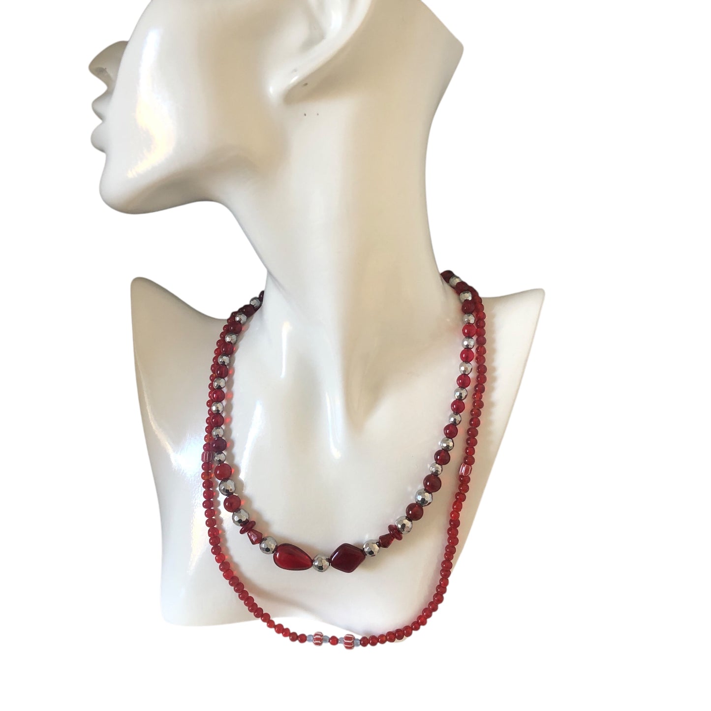 Red Glass and Hematite Beaded Necklace