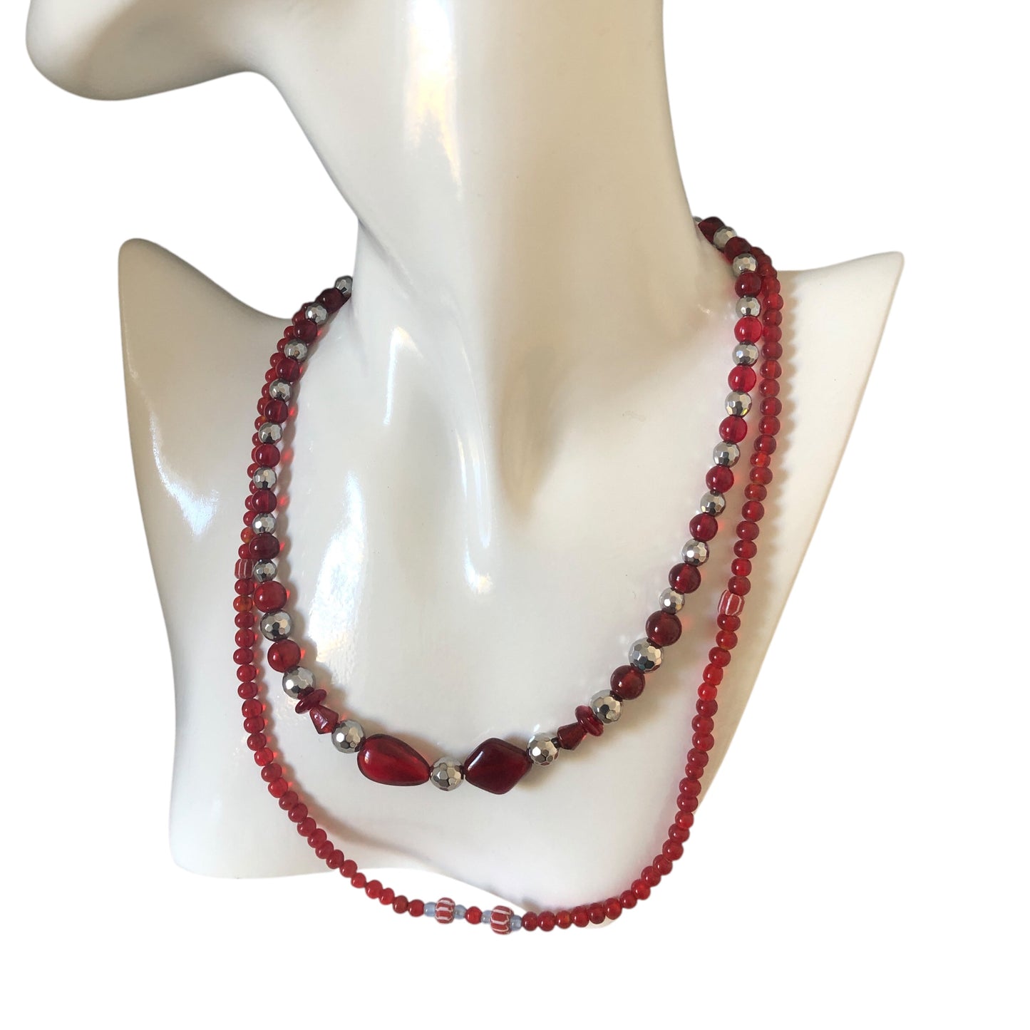 Red Glass and Hematite Beaded Necklace