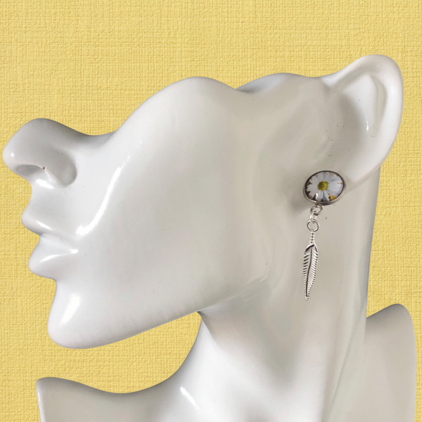 Daisies and Feathers Silver Plated Stud Earrings