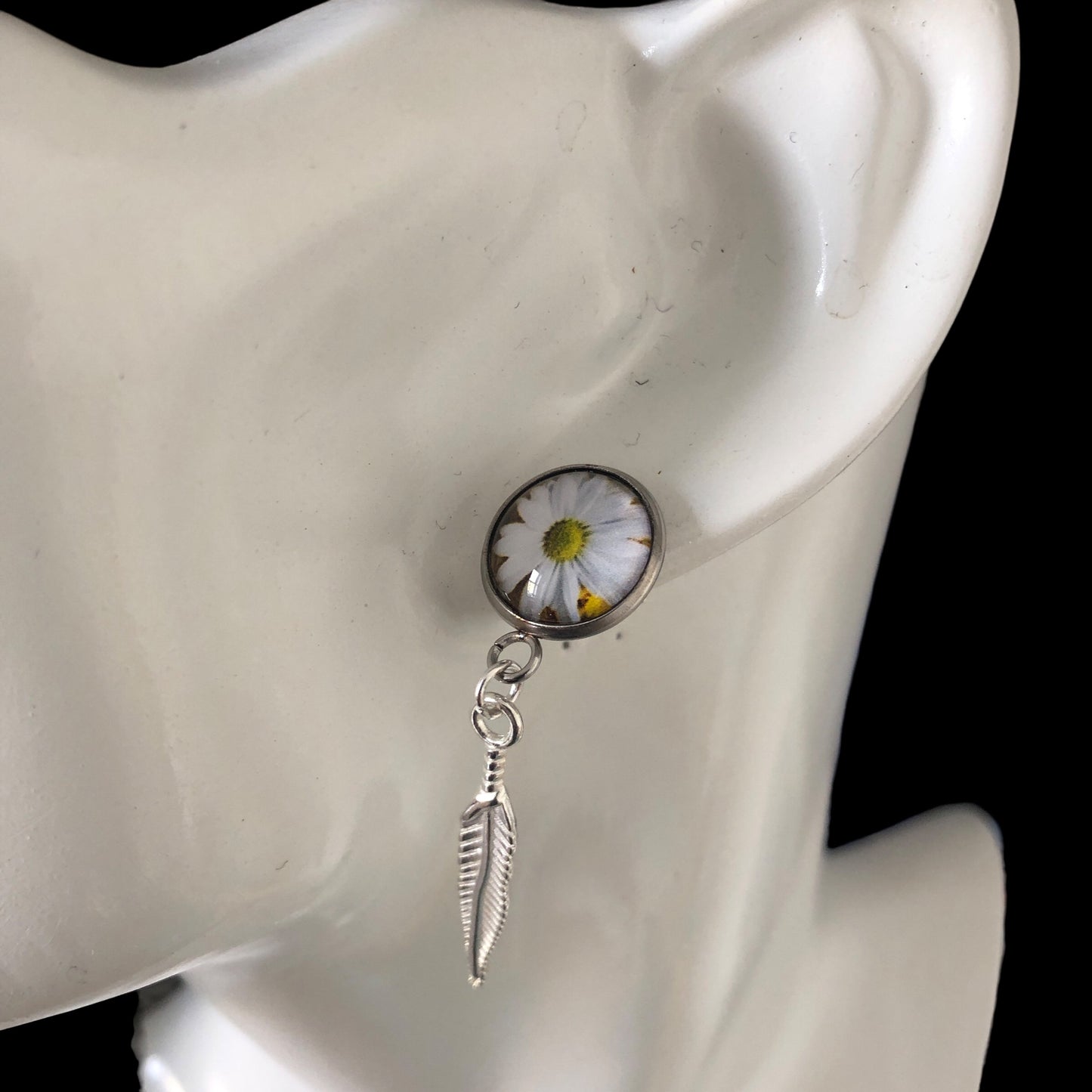 Daisies and Feathers Silver Plated Stud Earrings