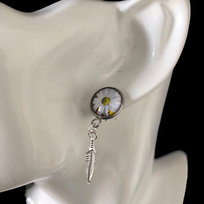 Daisies and Feathers Silver Plated Stud Earrings