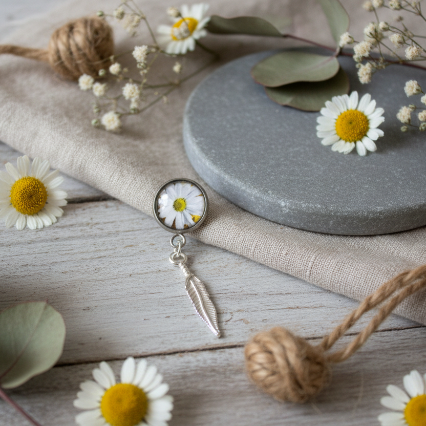 Daisies and Feathers Silver Plated Stud Earrings