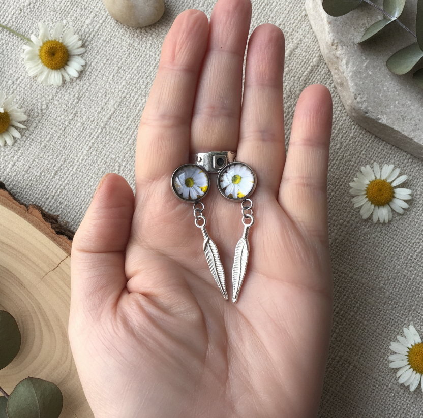 Daisies and Feathers Silver Plated Stud Earrings