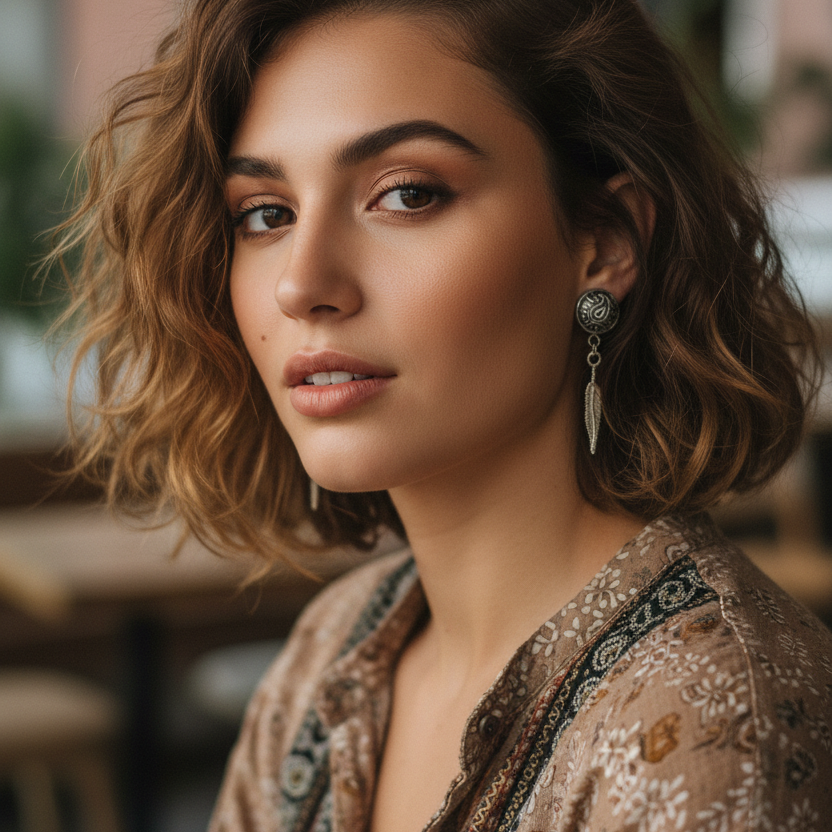 Paisley and Feathers Silver plated Stud Earrings - Gray