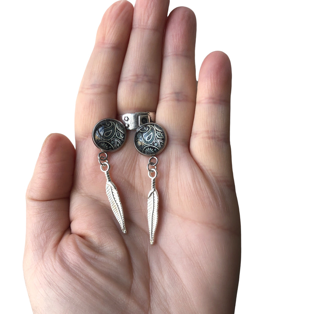 Paisley and Feathers Silver plated Stud Earrings - Gray