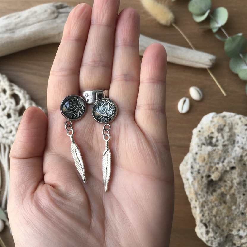 Paisley and Feathers Silver plated Stud Earrings - Gray