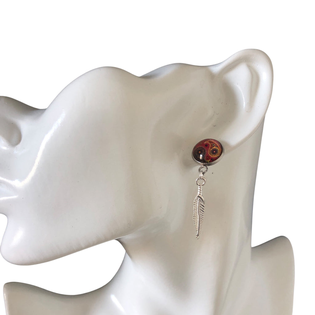 Paisley and Feathers Silver plated Stud Earrings - Red