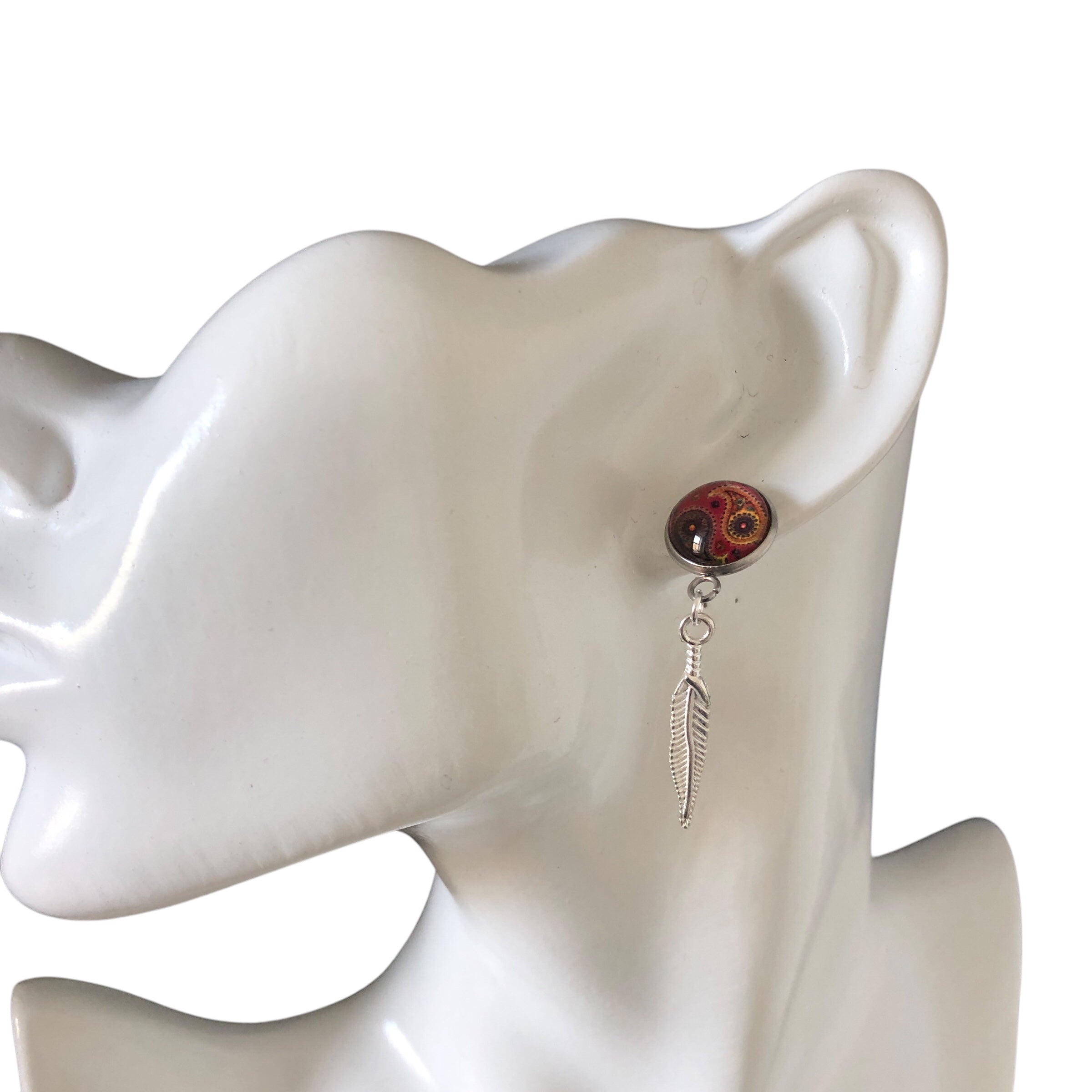 Paisley and Feathers Silver plated Stud Earrings - Red