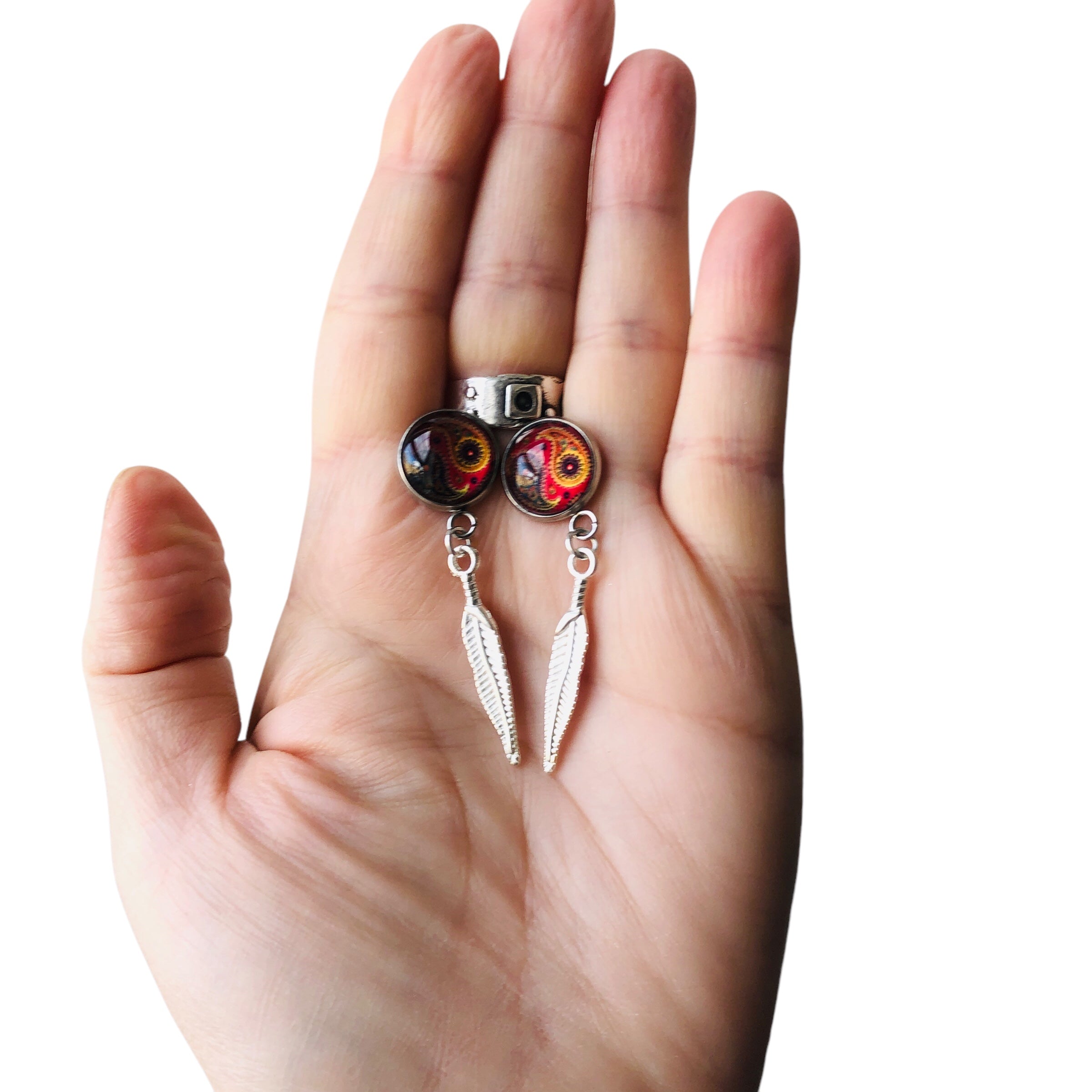 Paisley and Feathers Silver plated Stud Earrings - Red