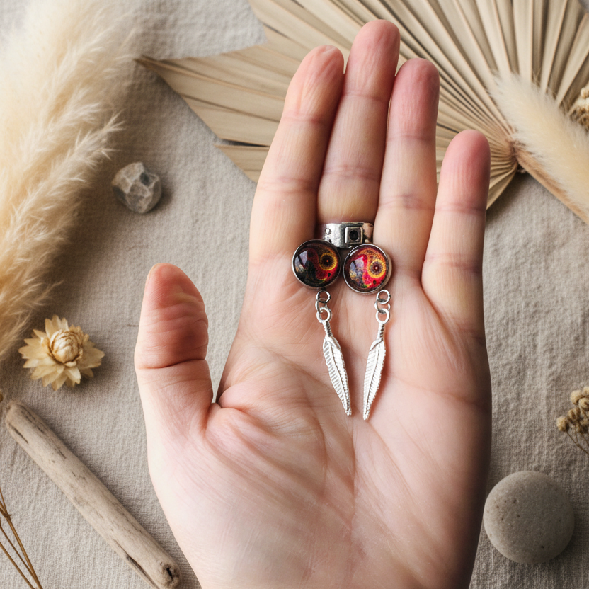 Paisley and Feathers Silver plated Stud Earrings - Red