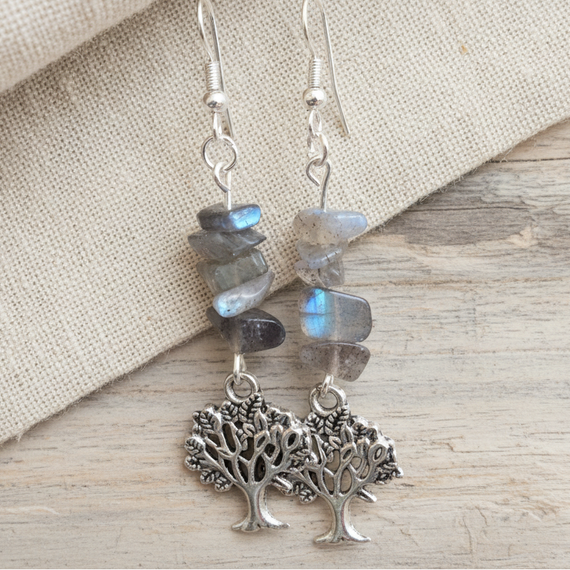 Tree of Life Labradorite Dangle Earrings - Handmade, One-of-A-Kind - Silver Chamber Jewellery Store