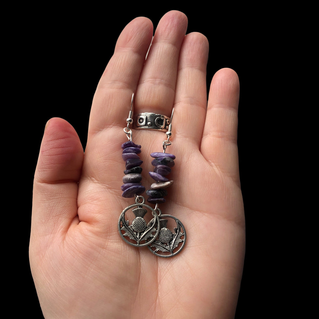 Thistle Flowers Charoite Dangle Earrings