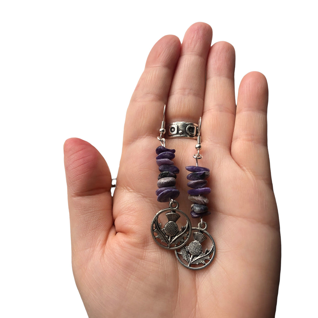 Thistle Flowers Charoite Dangle Earrings