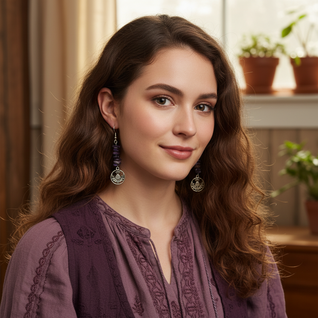 Thistle Flowers Charoite Dangle Earrings