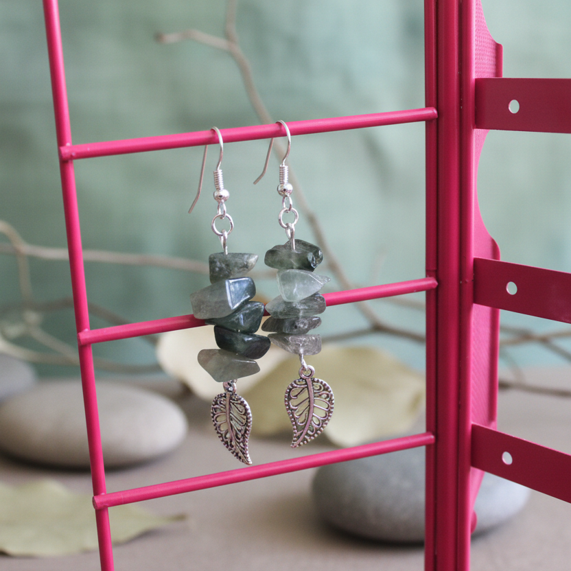 Filigree Leaves Jade Dangle Earrings - Handmade, One-of-A-Kind - Silver Chamber Jewellery Store