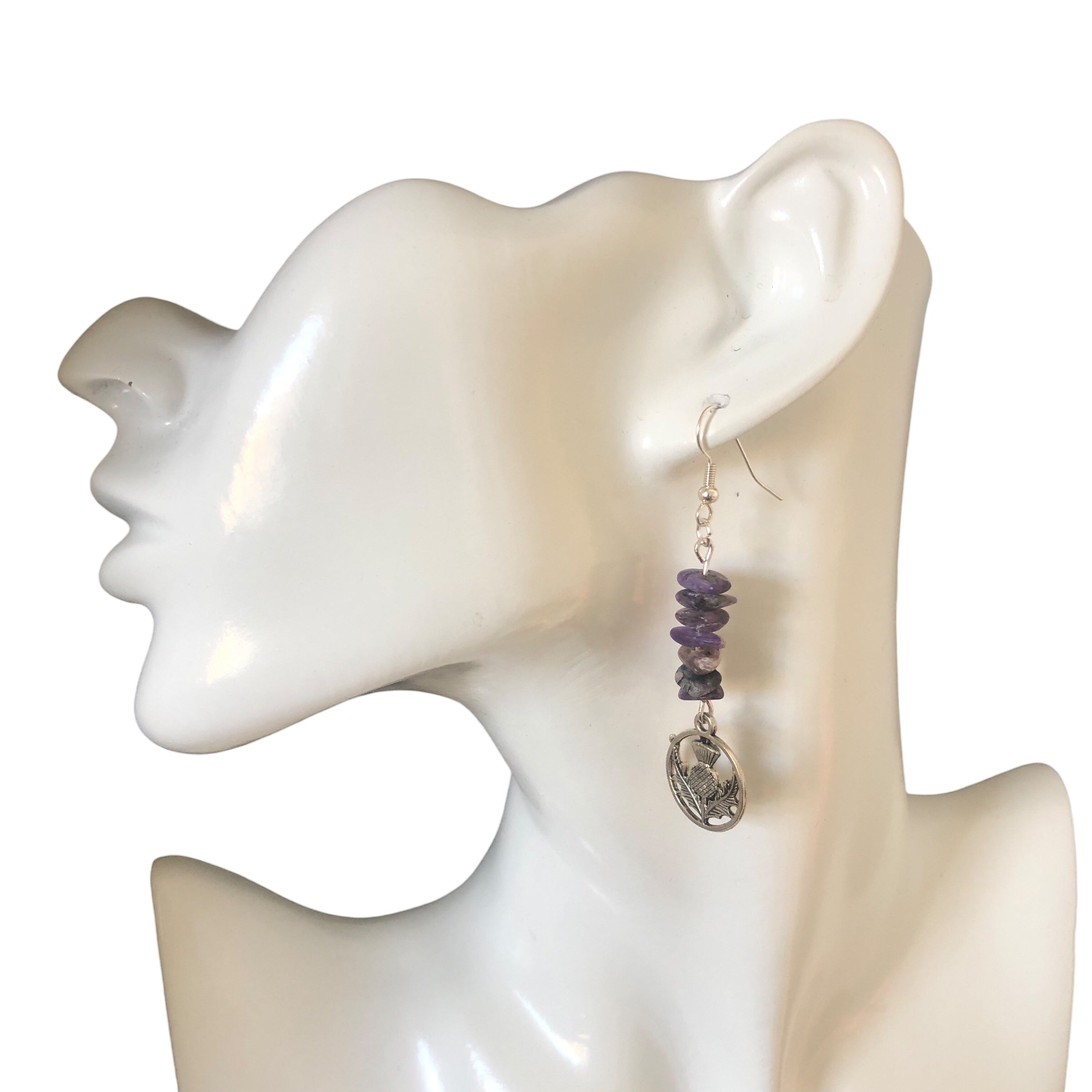 Thistle Flowers Charoite Dangle Earrings