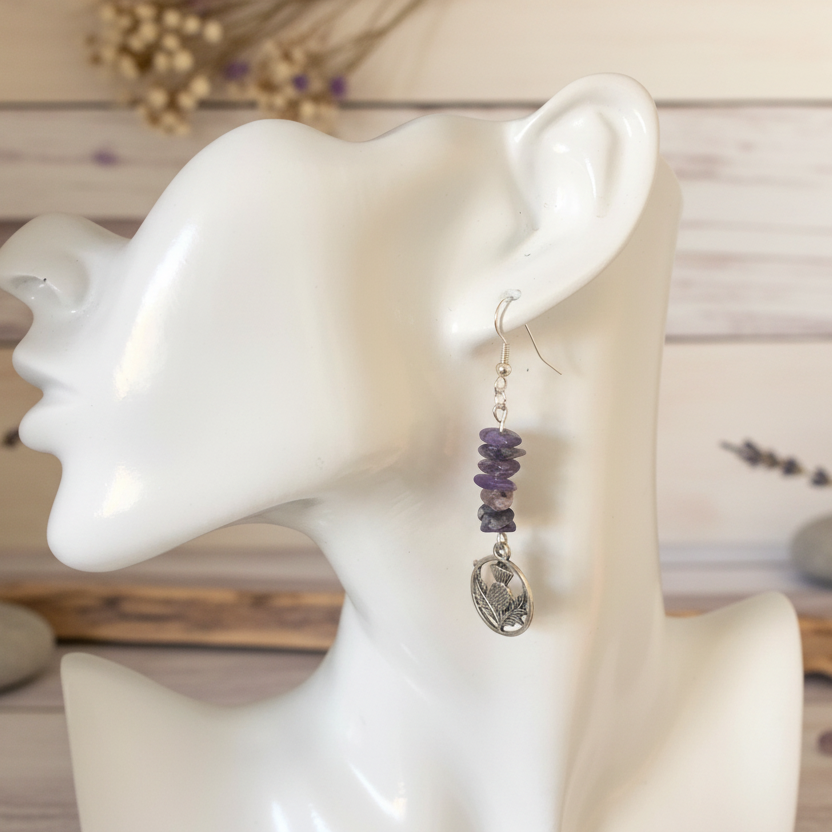 Thistle Flowers Charoite Dangle Earrings - Handmade, One-of-A-Kind - Silver Chamber Jewellery Store