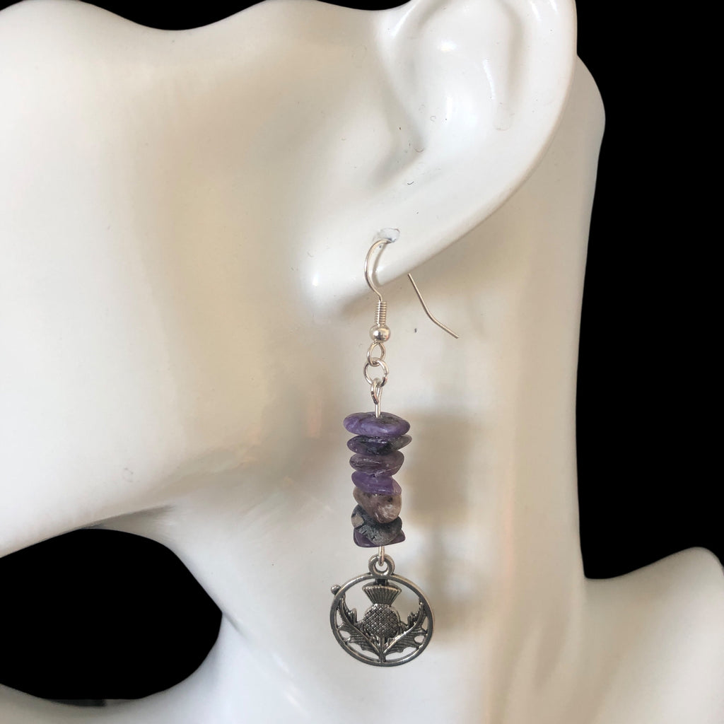 Thistle Flowers Charoite Dangle Earrings