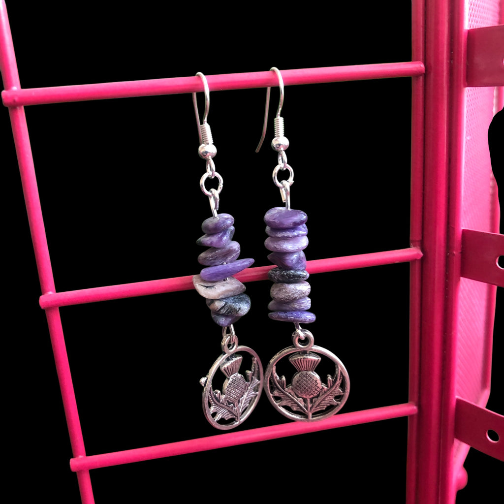 Thistle Flowers Charoite Dangle Earrings