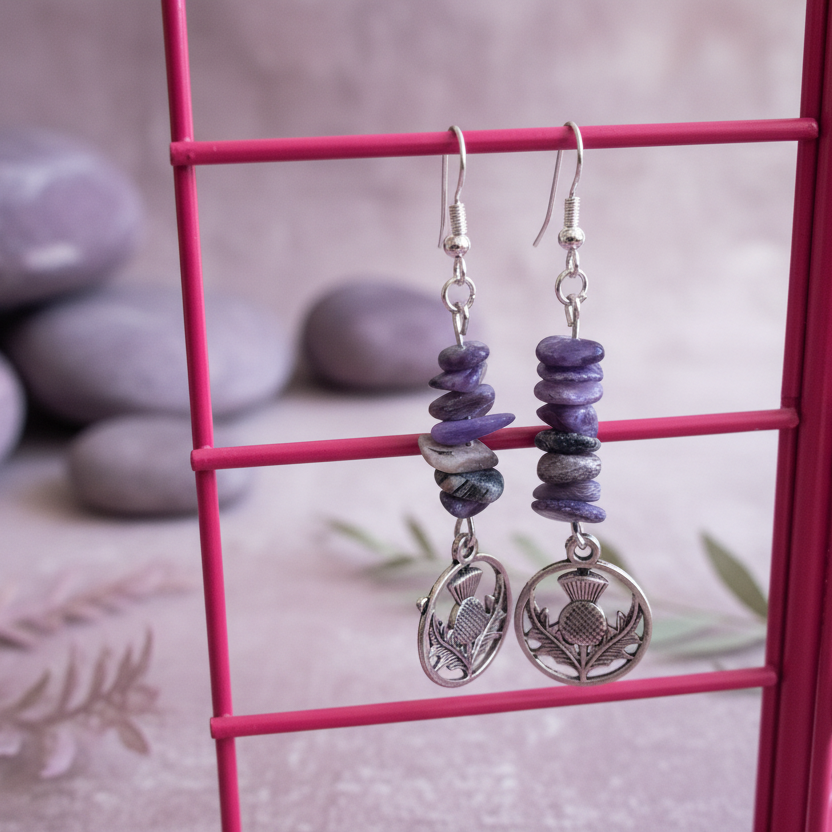 Thistle Flowers Charoite Dangle Earrings - Handmade, One-of-A-Kind - Silver Chamber Jewellery Store