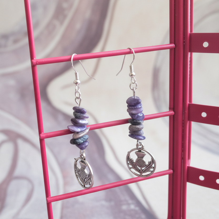 Thistle Flowers Charoite Dangle Earrings - Handmade, One-of-A-Kind - Silver Chamber Jewellery Store