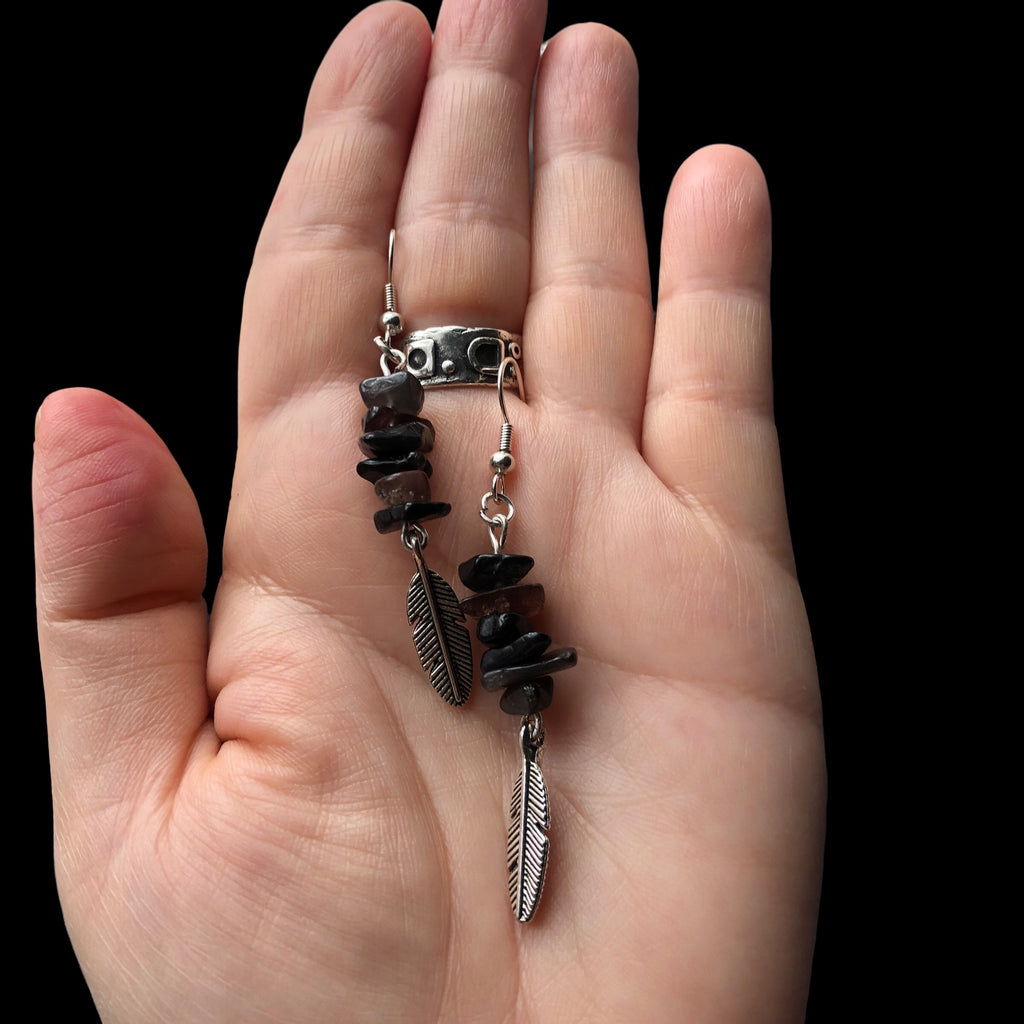 Feathers Obsidian Dangle Earrings