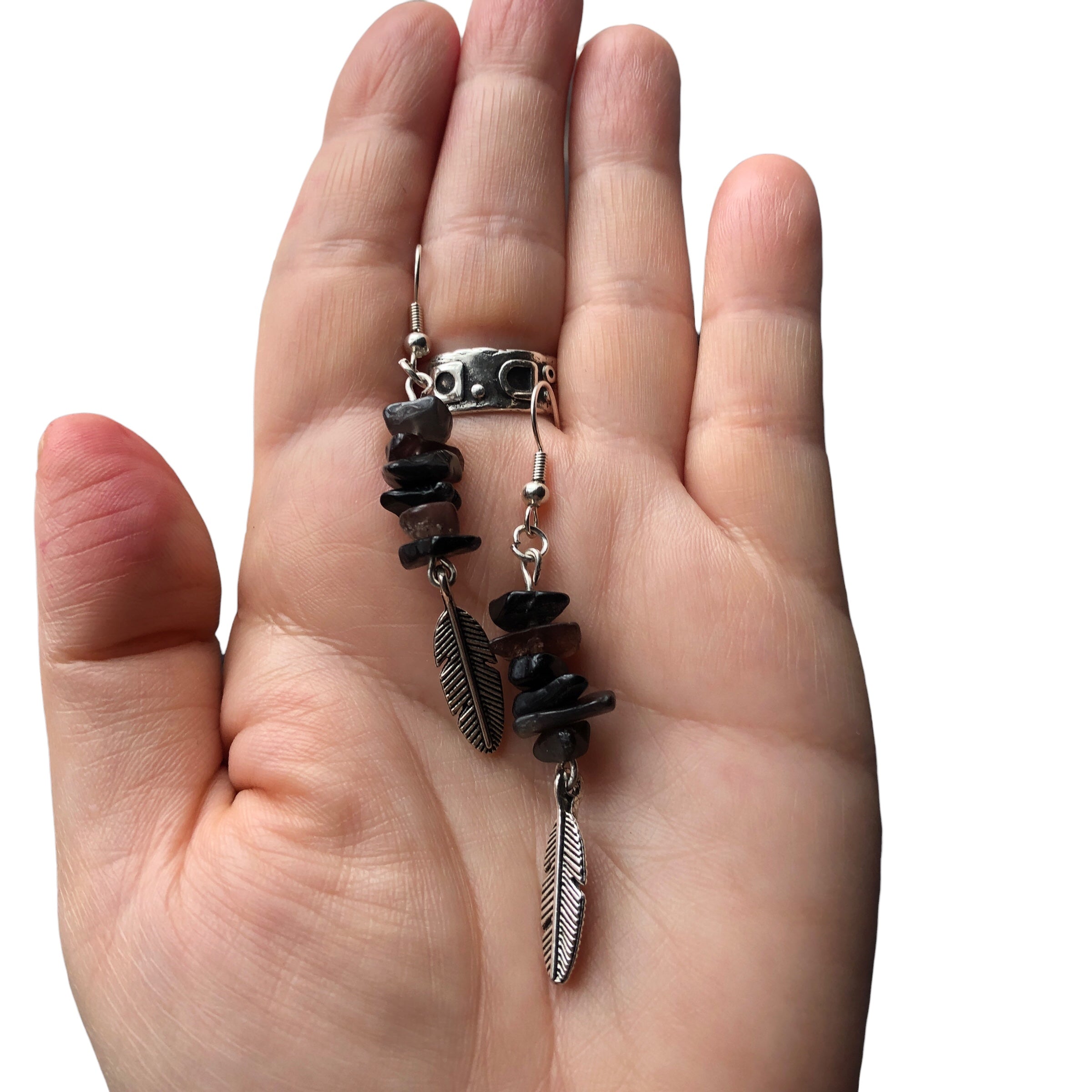 Feathers Obsidian Dangle Earrings