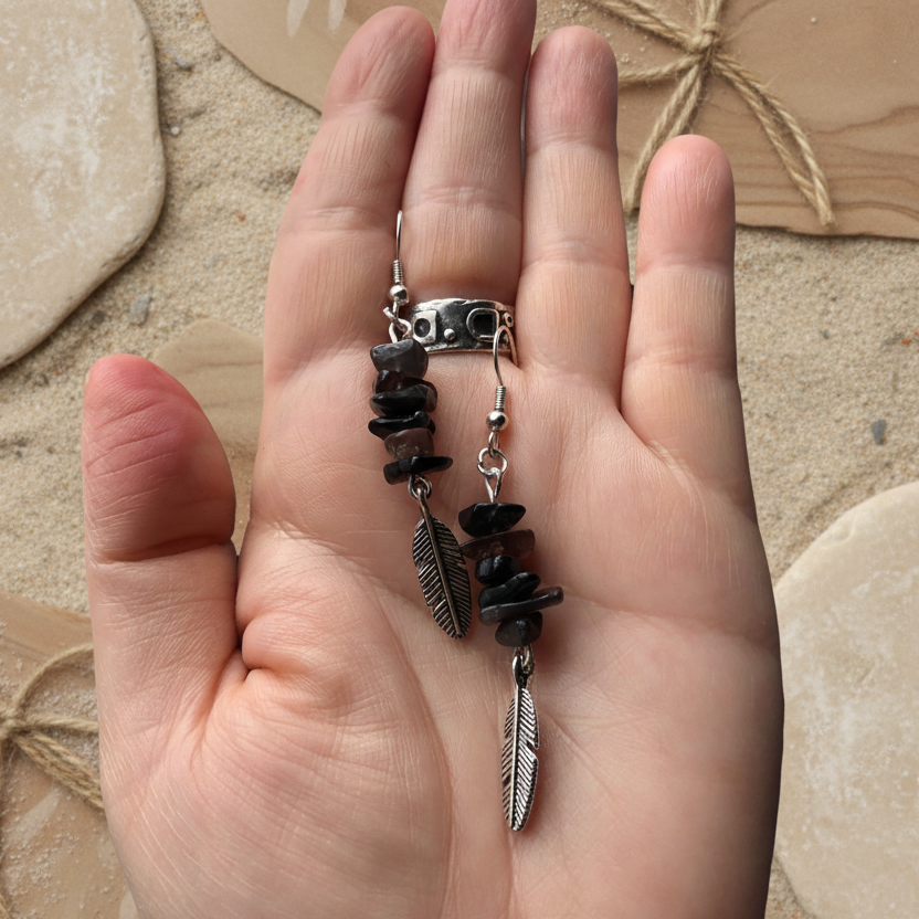 Feathers Obsidian Dangle Earrings