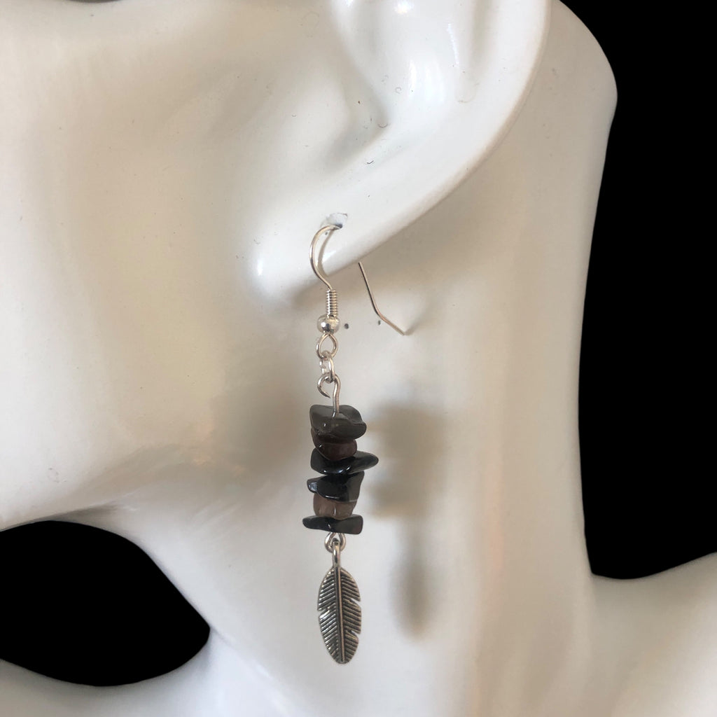 Feathers Obsidian Dangle Earrings