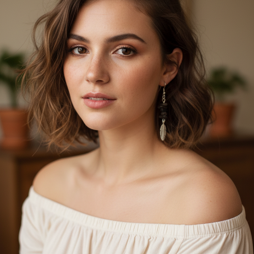 Feathers Obsidian Dangle Earrings