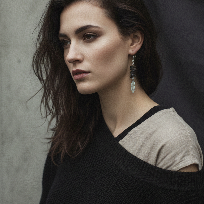 Feathers Obsidian Dangle Earrings