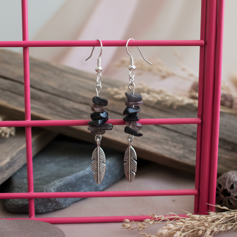 Feathers Obsidian Dangle Earrings