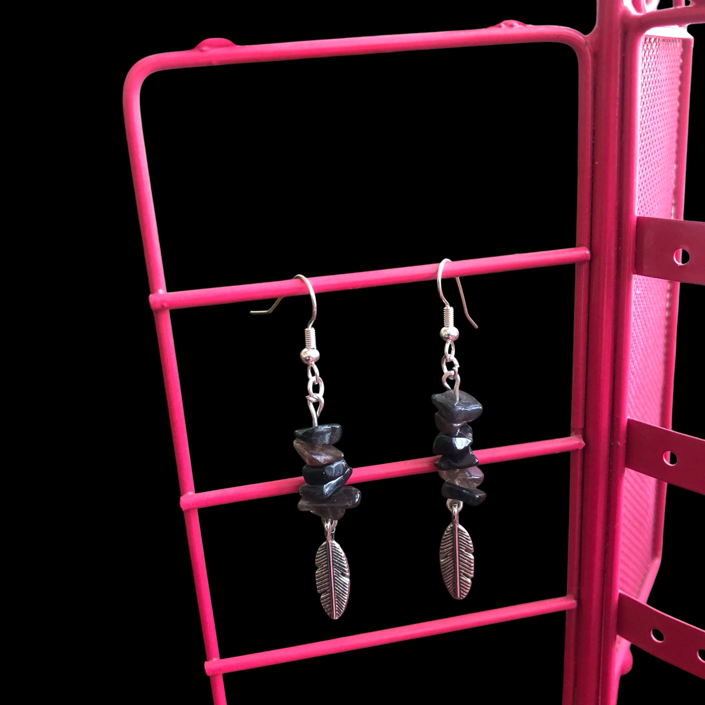 Feathers Obsidian Dangle Earrings