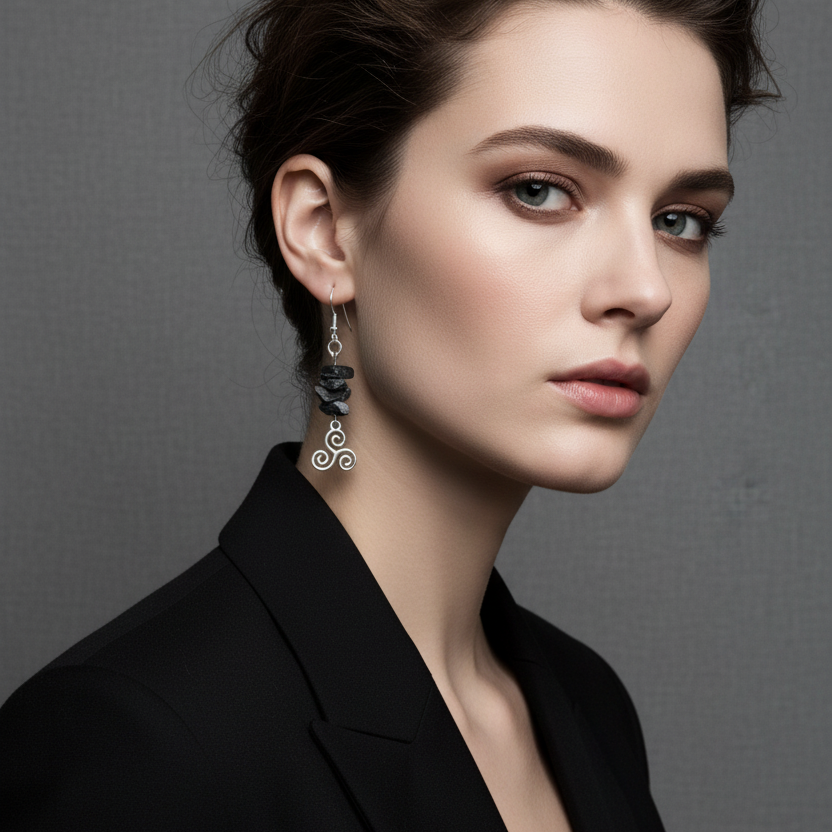 Triskelion Snowflake Obsidian Dangle Earrings