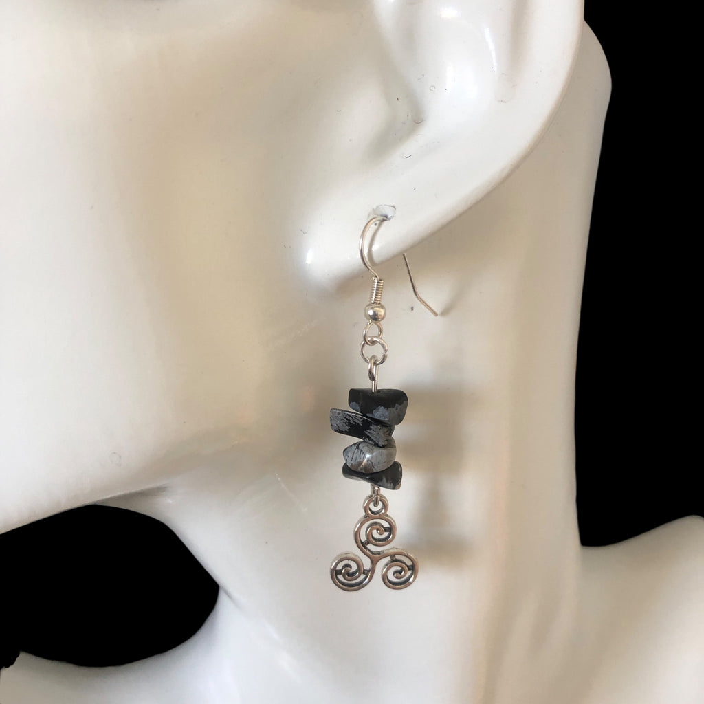 Triskelion Snowflake Obsidian Dangle Earrings