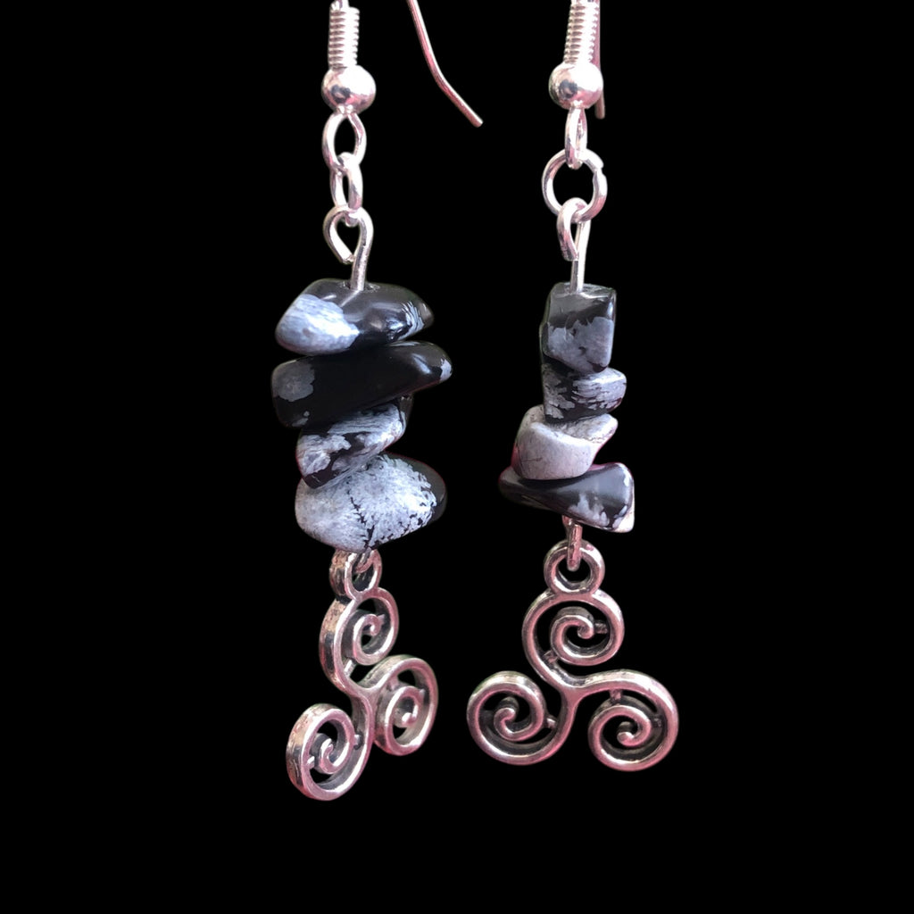 Triskelion Snowflake Obsidian Dangle Earrings