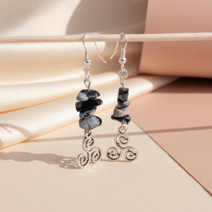 Triskelion Snowflake Obsidian Dangle Earrings