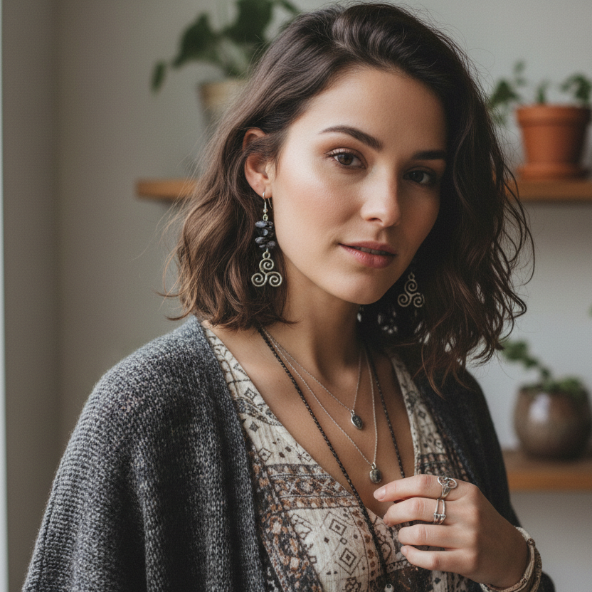 Triskelion Snowflake Obsidian Dangle Earrings