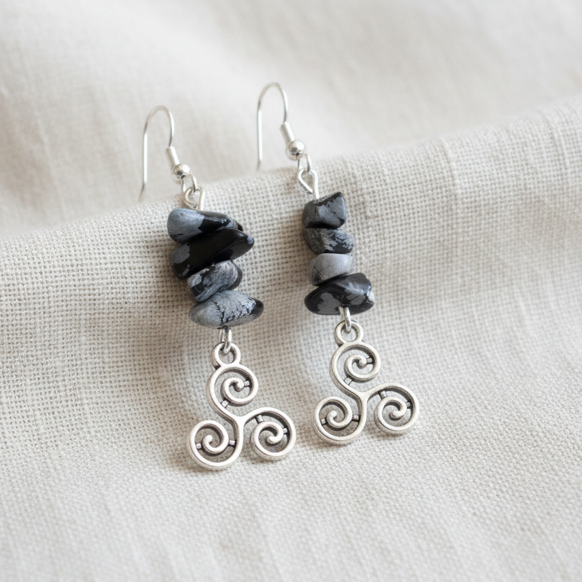 Triskelion Snowflake Obsidian Dangle Earrings