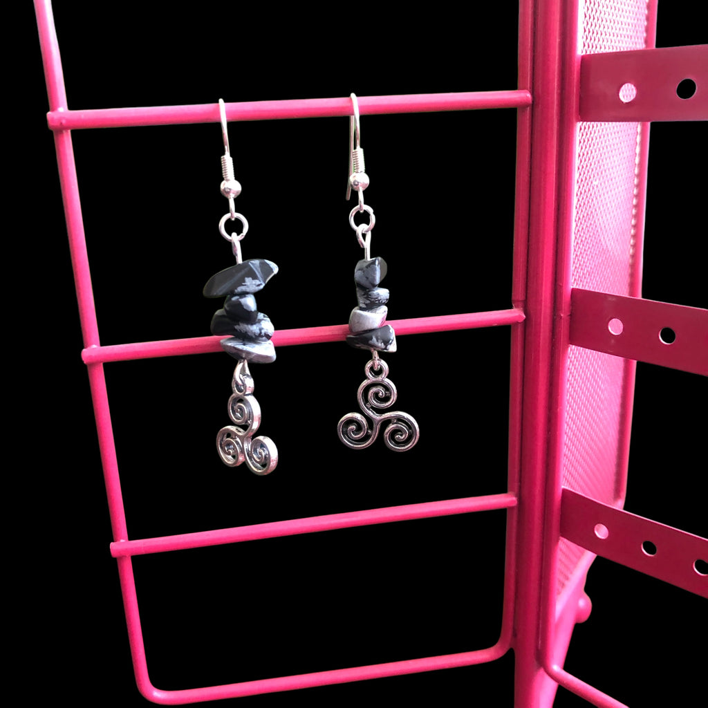Triskelion Snowflake Obsidian Dangle Earrings