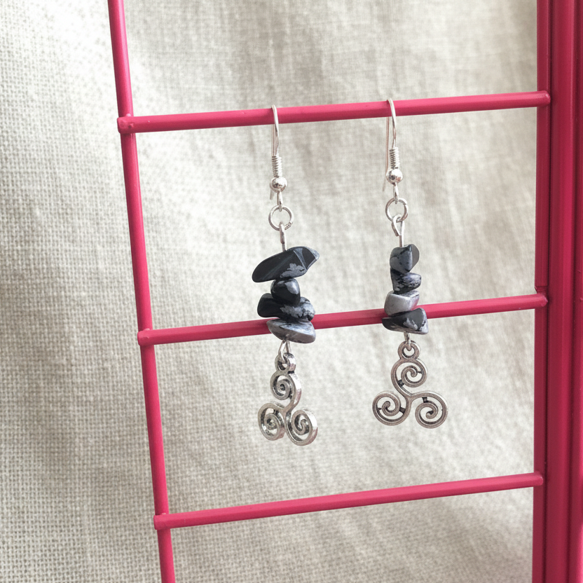Triskelion Snowflake Obsidian Dangle Earrings