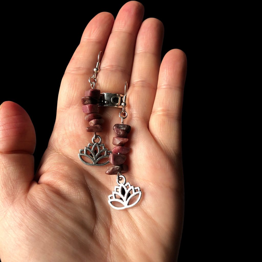 Lotus Flower Pink Rhodonite Dangle Earrings