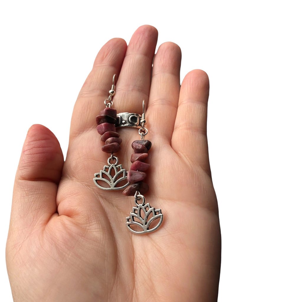 Lotus Flower Pink Rhodonite Dangle Earrings