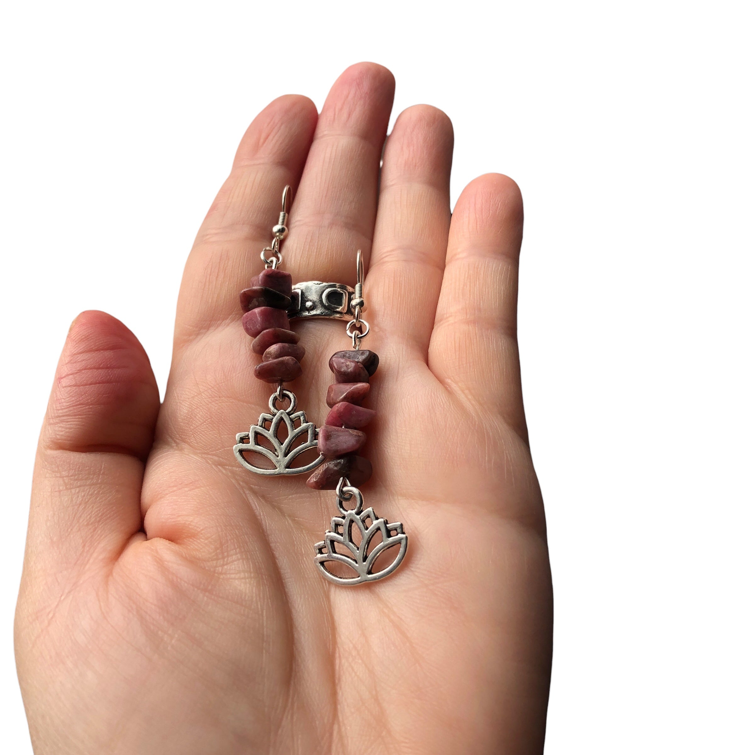 Lotus Flower Pink Rhodonite Dangle Earrings