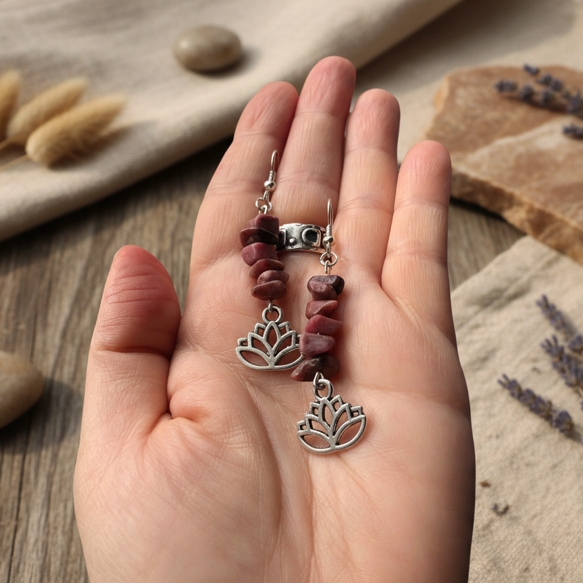 Lotus Flower Pink Rhodonite Dangle Earrings